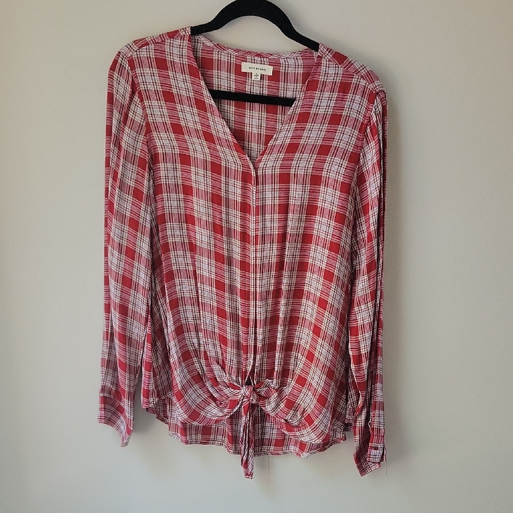 Max Studio‎ Red and White Plaid Blouse Women Size Large